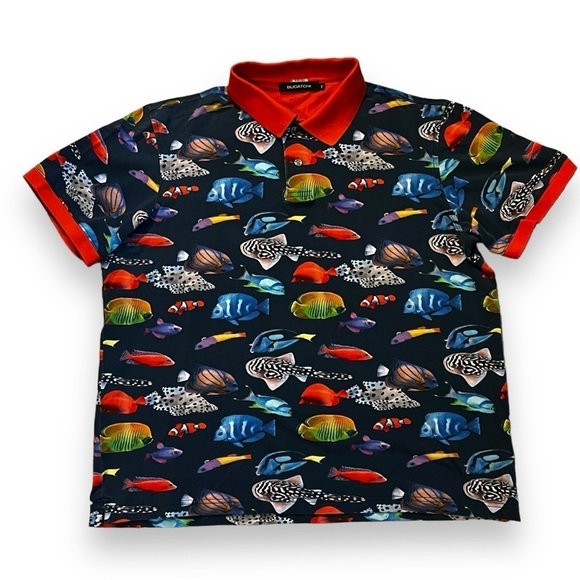 Bugatchi Polo Shirt Colorful Tropical Fish Print Short Sleeve Boxy  Blue Medium - Picture 5 of 7